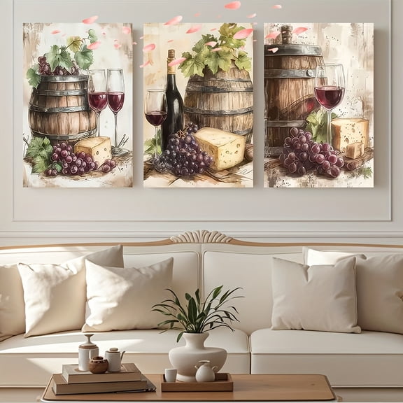2D Flat 3pcs Frameless Canvas Art Print - Vintage Wine & Cheese Scene with Barrels, Bottles, and Grapes - Ideal for Home, Bar, Cafe Wall Decor - Perfect Father'S Day Gift, Wine Decor