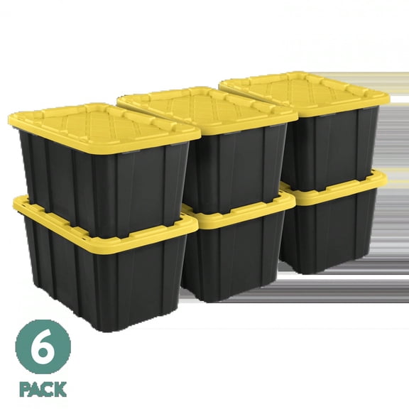 6 Pack 27 Gallon Large Plastic Storage Tote Bins with Lids, Durable Heavy‑Duty Storage Containers, Black and Yellow