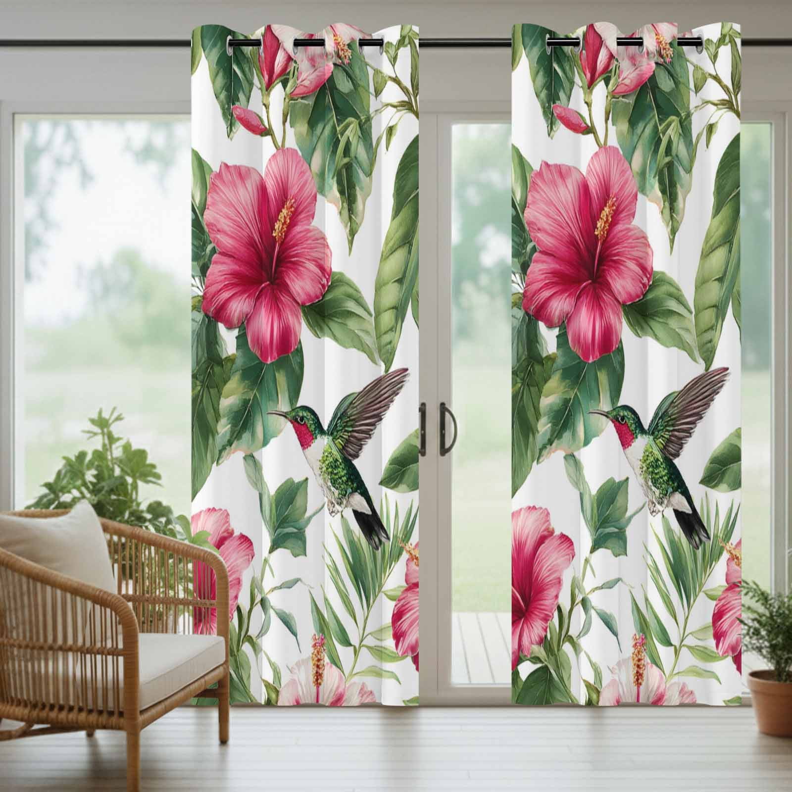 Red Flower Outdoor Curtains for Patio, Tropical Botanical Hibiscus Green Leaf Summer Sunshade Privacy Drapes Grommet Waterproof Outside Curtains for Porch/Cabana/Balcony 54"x 108", 1 Panel