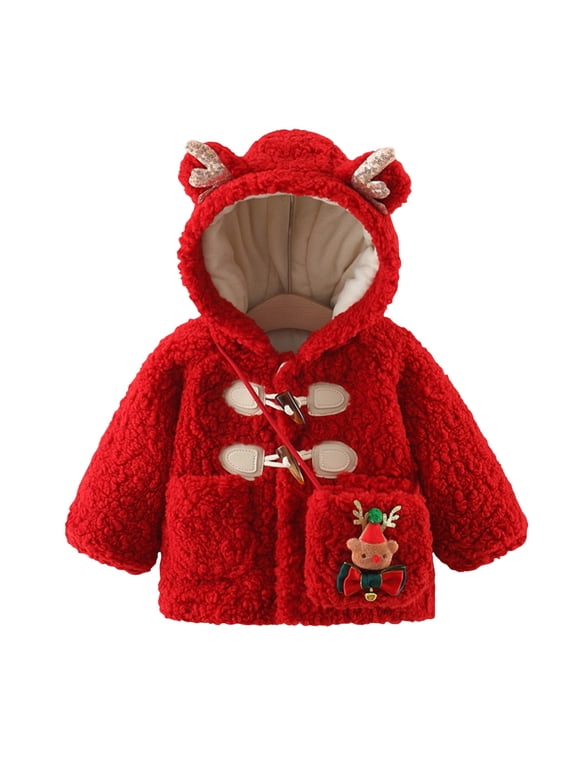 Toddler Girls Hooded Sherpa Coat Toggle Button Holiday Cartoon Pocket Winter Outerwear 6-12 Months
