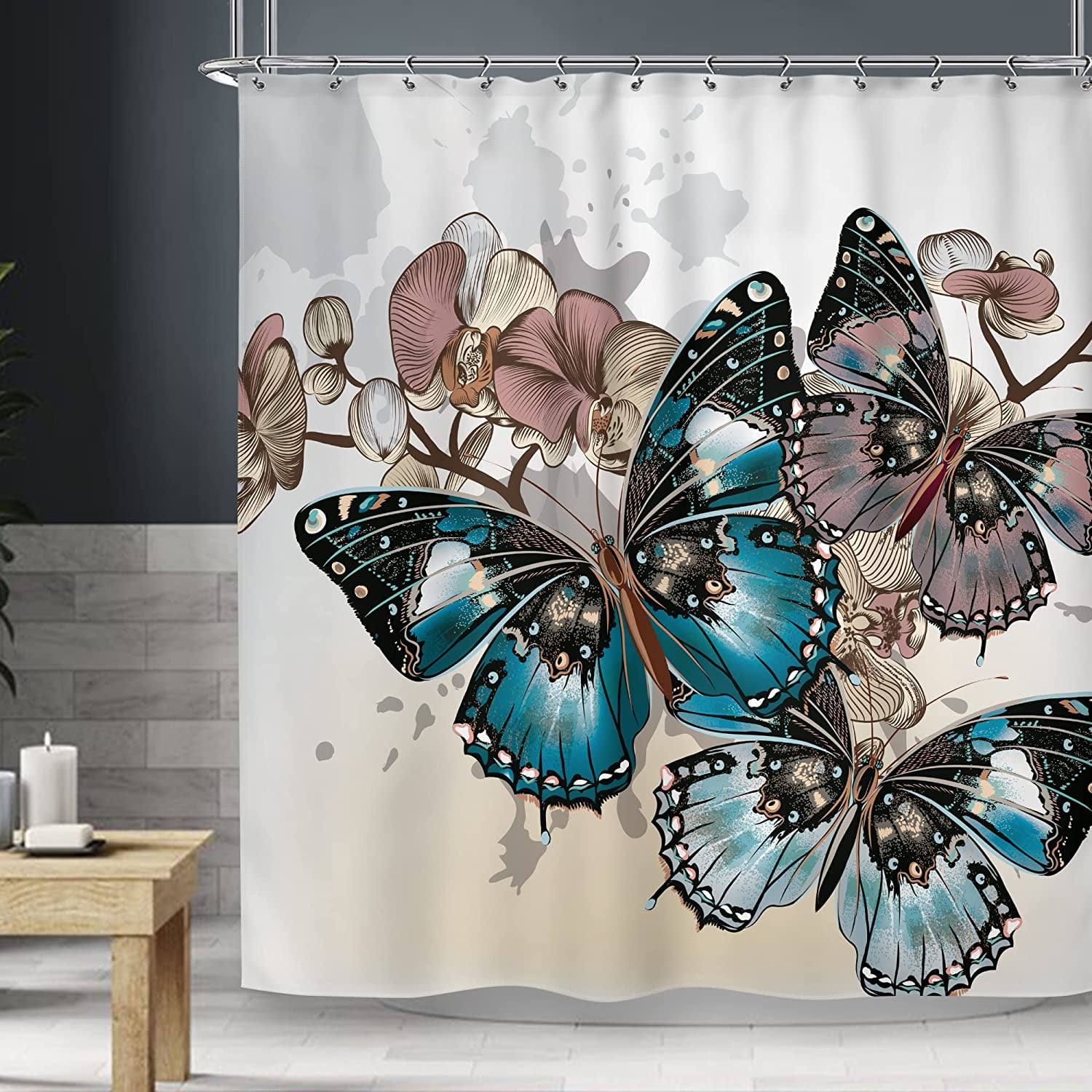 Fantasy Floral Flower With Butterfly Waterproof Polyester Fabric Shower Curtain 