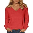 thumbnail image 3 of LNZGNM Sweaters for Women Long Sleeve V-neck Ribbed Oversized Lightweight Cozy with Stretch Sweater Fall Outing Comfort,Red(XL), 3 of 9