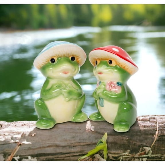 Ceramic Frog Mushroom Salt and Pepper Shakers Red Blue Kitchen Gift