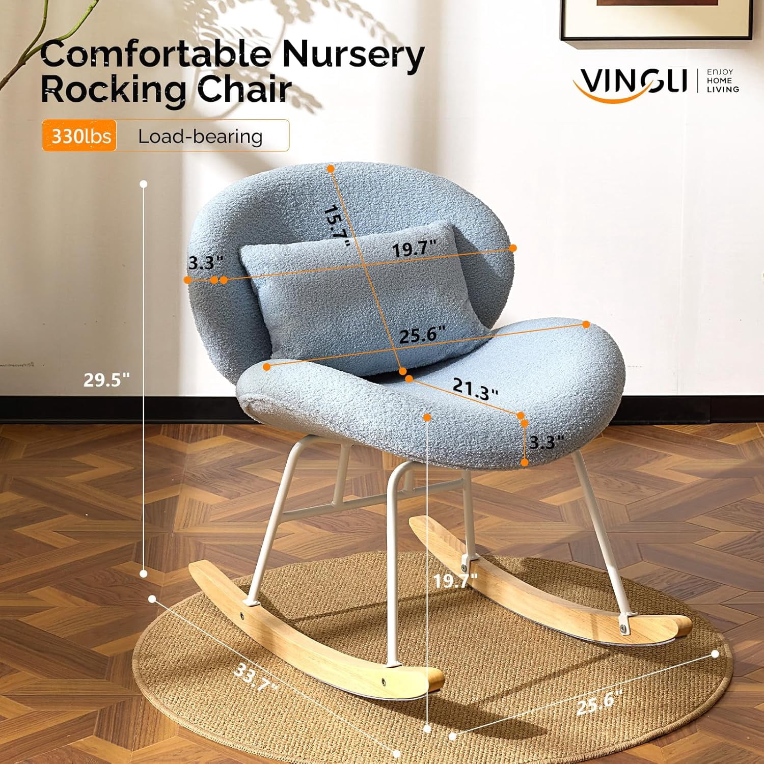 JFTER 25.6" Extra Wide Criss Cross Nursery Rocking Chair,Cute Curved 115° Reclining Armless Glider,Teddy Small Rocker w/Pillow & Solid Wood for Indoor,Bedroom, Living Room,Teddy Fleece,Sky Blue