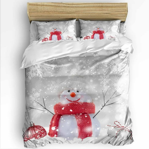 Christmas Snowman King Size Comforter Set, Xmas Ball Grey Winter Snowflake Scenery Soft Bedding for All Seasons, 4 Pcs Bed Set with 1Comforter (90"x106") ,1 Sheet(94"x116"), 2 Pillowcases (19"x35")