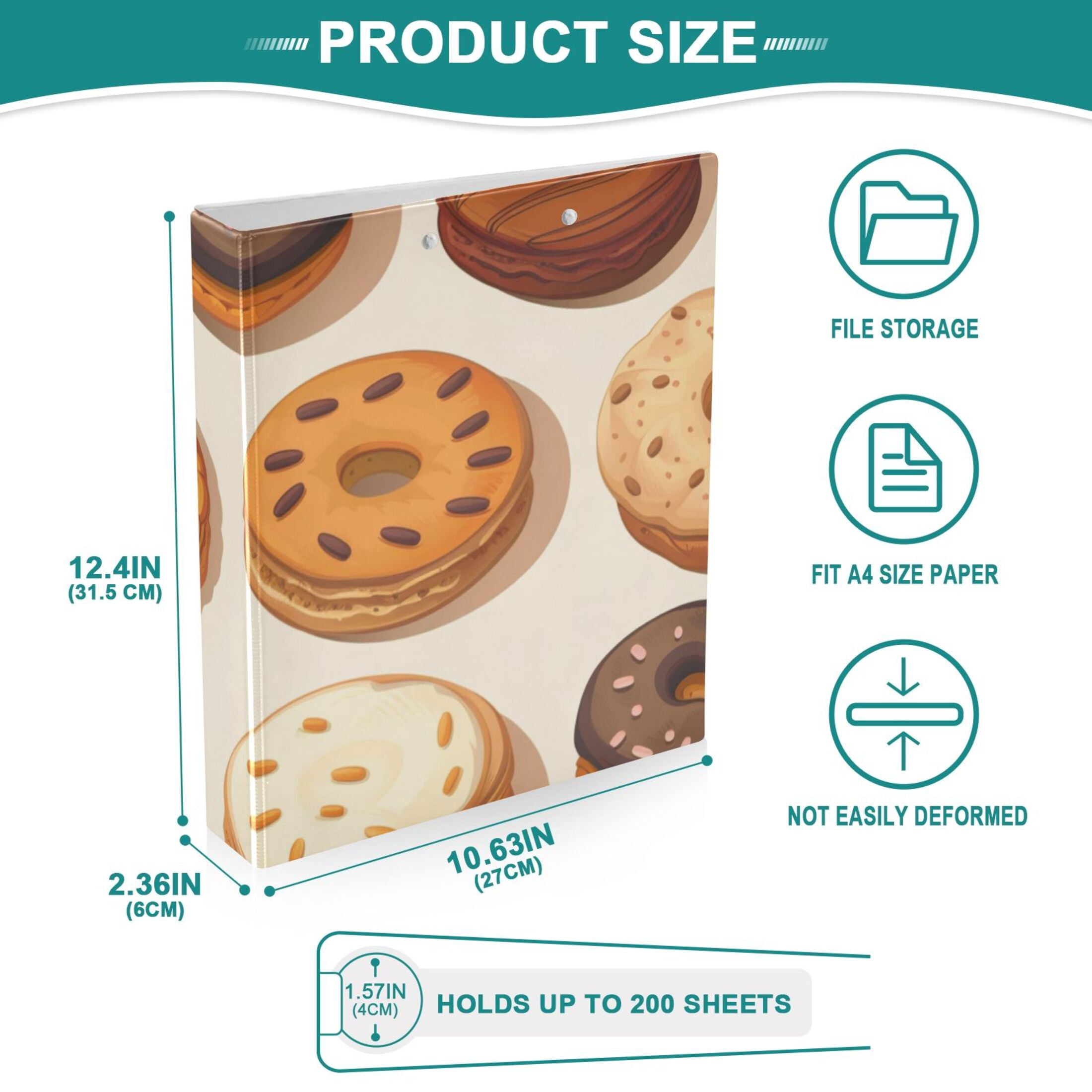 Biscuits Donuts 3 Ring Binders 1.5 inch Hardcover File Folders with Interior Pockets A4 Size Organizer for School Office Hospital