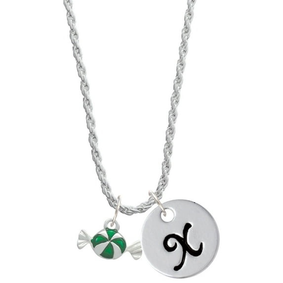 Delight Jewelry Silvertone Green Peppermint Candy Silvertone Script Initial Disc - X - Charm Necklace, 20"+3"
