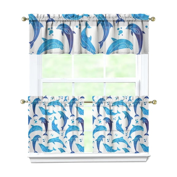 Kitchen Curtains 24 Inch Short - 3 Panel Set, Shark Whale Dolphin Ocean Theme, Rod Pocket Window Curtain, 100% Polyester for Nautical Farmhouse Kitchen, Easy Wash