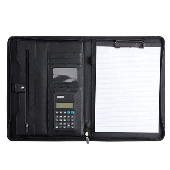 Bopika Leather Business Portfolio with Zipper, Calculator, Card Storage, and Writing Pad, Black
