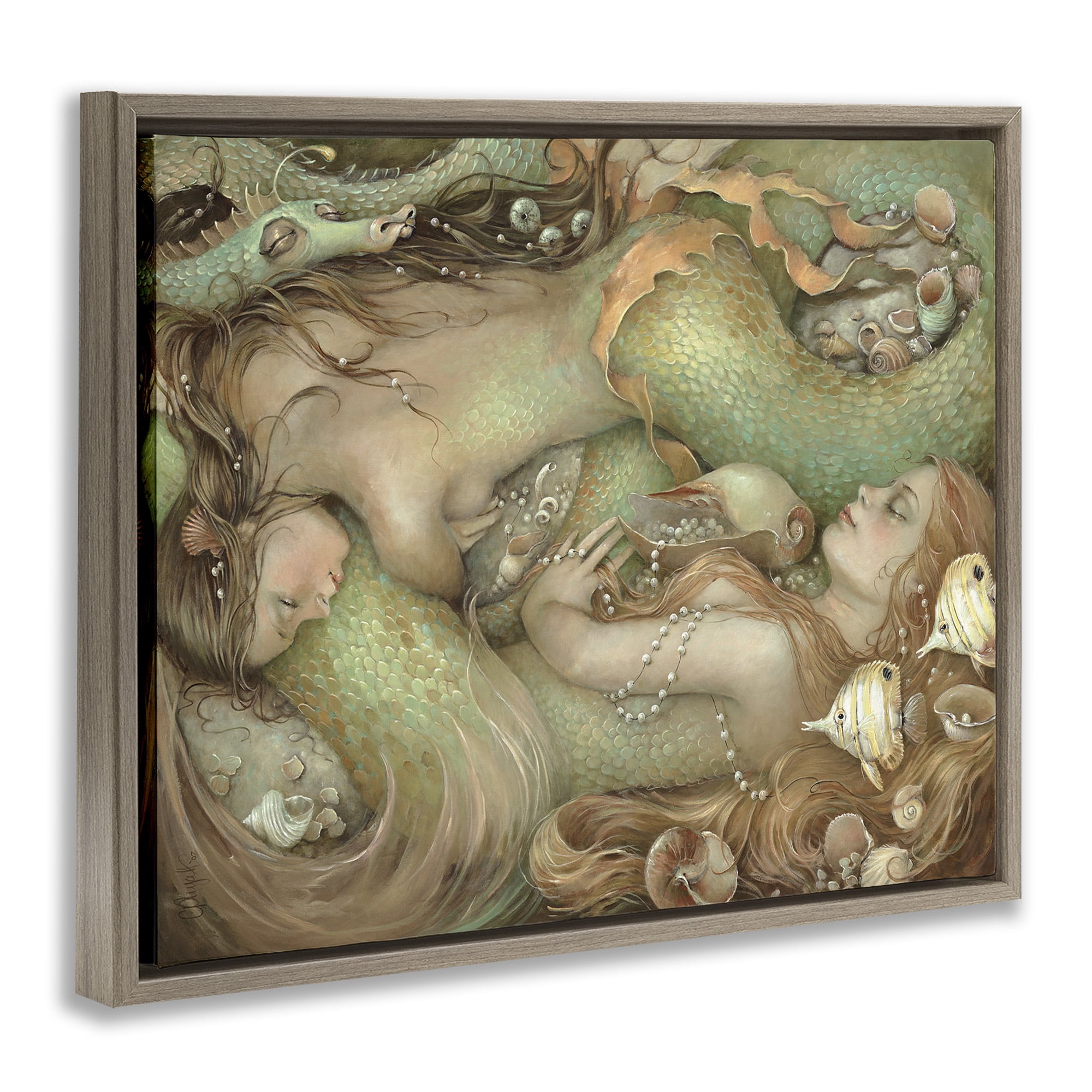 Stupell Industries Two Mermaids Underwater Fairy Tales & Fantasy Painting Brown Floater Framed Canvas Art Print Wall Art, 31 x 25