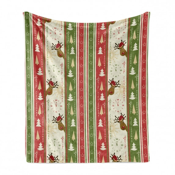 Christmas Soft Flannel Fleece Blanket, Chinese Style Lettering Merry Christmas Deer Pines Stars Border Lines, Cozy Plush for Indoor and Outdoor Use, 70" x 90", Green Dark Coral White, by Ambesonne
