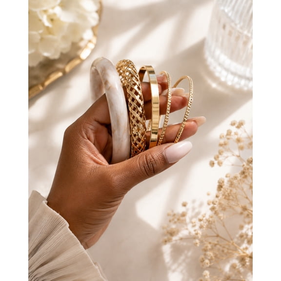 Marble Luxe Stack Gold Tone Bracelet Set for Women, Layered Stackable Bangles, Elegant Fashion Jewelry