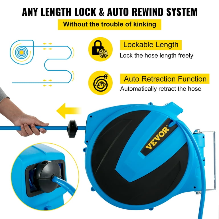 VEVOR Retractable Hose Reel, 5/8 inch x 90 ft, Any Length Lock & Automatic  Rewind Water Hose, Wall Mounted Garden Hose Reel With 180° Swivel Bracket  and 7 Pattern Hose Nozzle, Blue 