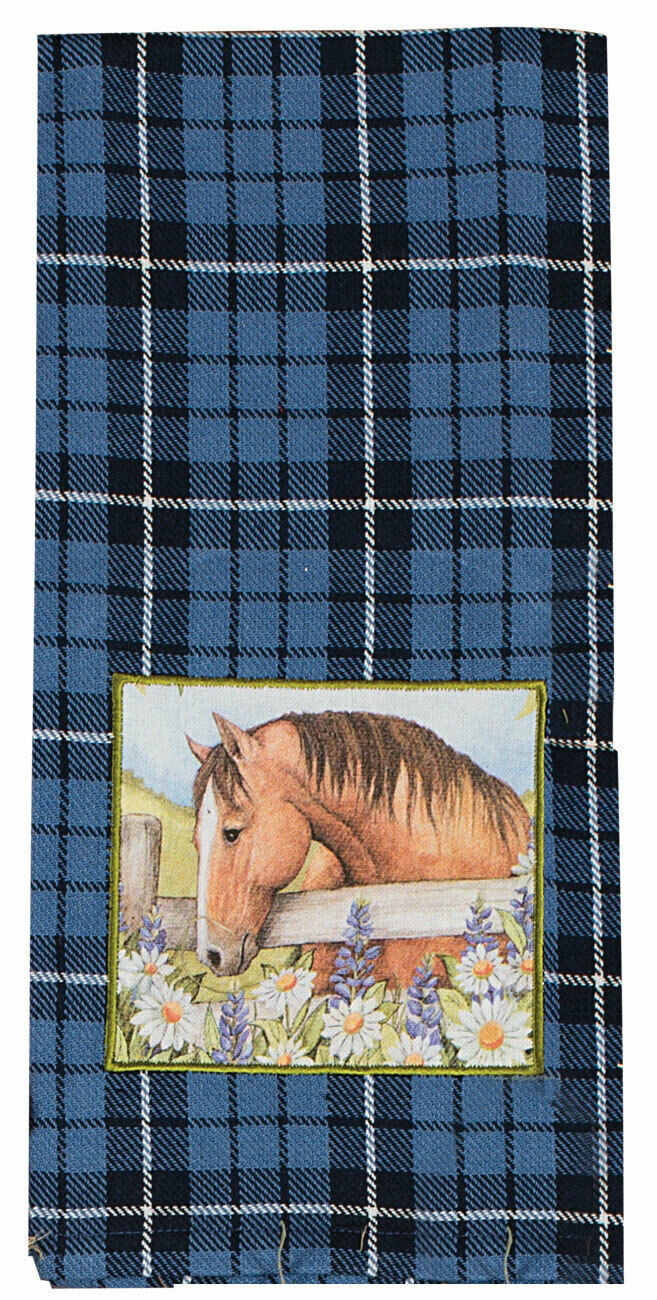 Set of 2 Grace & Beauty PLAID HORSE Applique Kitchen Towels by Kay Dee Designs