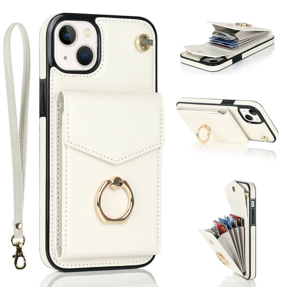 Allytech for  iPhone 14 Plus Case Wallet with Card Holder, 360°Rotation Finger Ring Holder Kickstand RFID Blocking PU Leather Protective Case with Hand Strap Case for iPhone 14 Plus 6.7" 2022, White