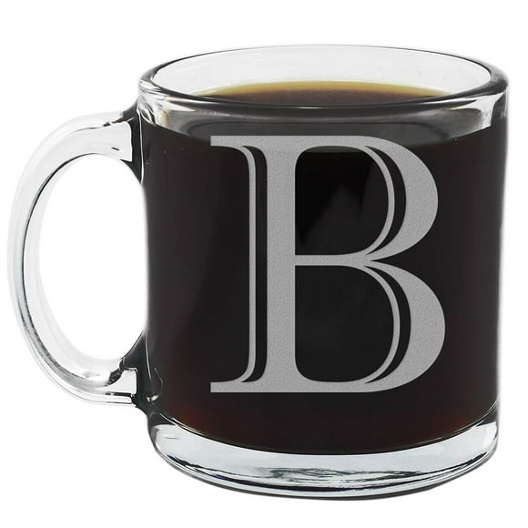 Spotted Dog Company Etched Monogram 12oz Clear Glass Coffee Mug (Letter B), A-Z Customized Coffee Gifts for Coffee Lovers, Custom Engraved Gifts for Women Her, Personalized Gift for Men, Initial