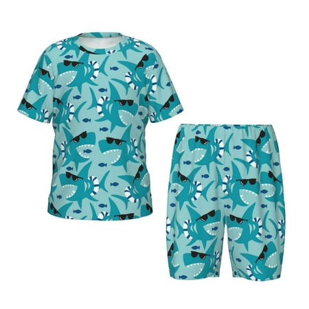 Luyuia Shark Wearing Sunglasses Print Girls  2-Piece Tie-Dye Pajama Set  Cute Summer Loungewear with Shirt and Tank Shorts Nightwear-3X-Large