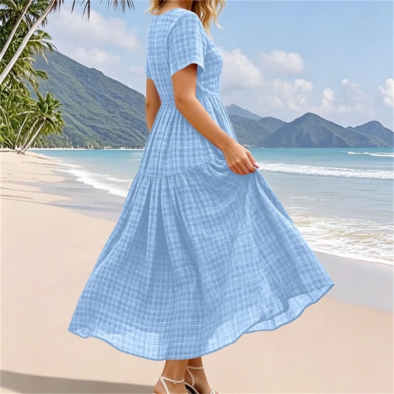 blue checkered maxi dress PinkBlush Blue Checkered Sleeveless Tiered Maternity Maxi Dress Medium