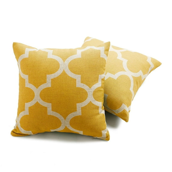 Quality Home Flax Linen Blend Textured Moroccan Print Pillow - Insert Not Included - Yellow - 18"W x 18"L - (2 Pillow Covers)