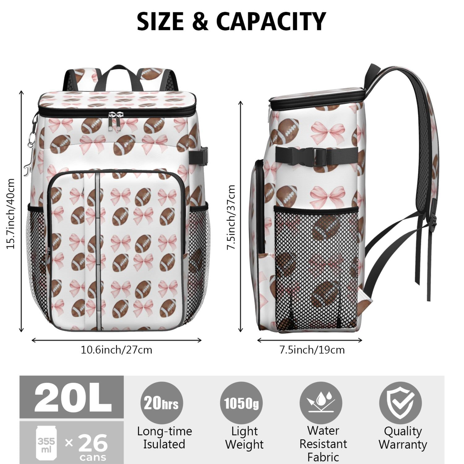 Travel Cooler Bag - Baseball Bows Pattern Camping Beer Cooler Backpack with Bottle Opener- Waterproof Insulated Picnic Backpacks - Cooler Bag for Beach