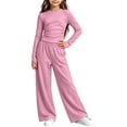 thumbnail image 5 of QTBIUQ Girls Two-Piece Fall Set Long-Sleeve Fitted Crop Top and Elastic Waist Wide-Leg Pants Casual Outfit Set, 5 of 6