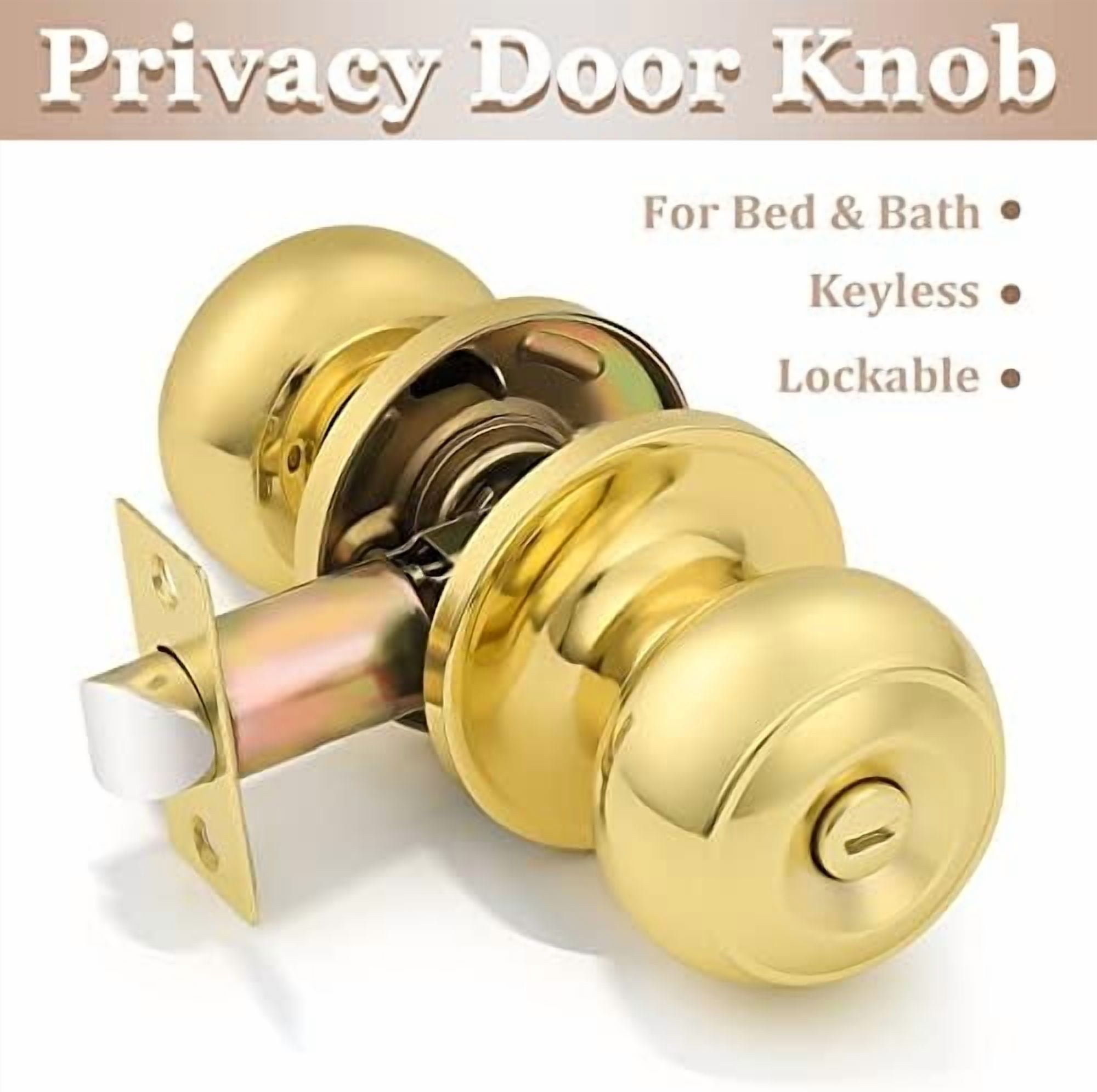 Privacy Door Knobs Lock Interior Bedroom Bathroom Door Handle Polished Brass Round Ball Keyless Lockset 2 Pack