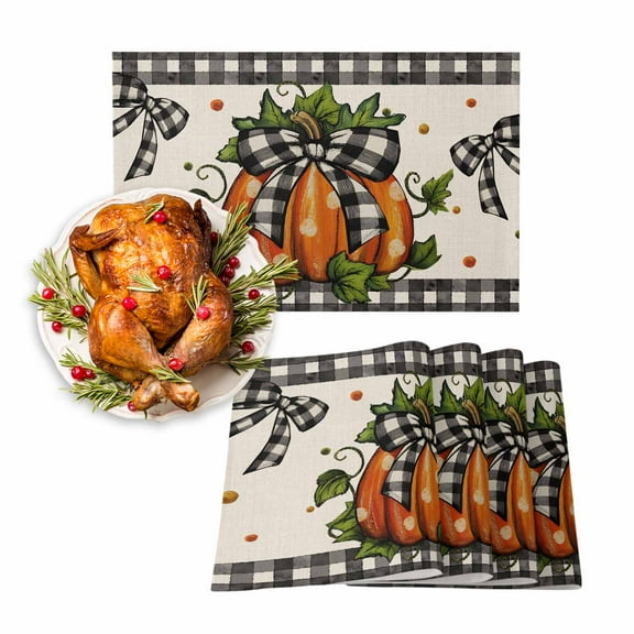 Fall Placemats Set of 6 Orange Polka Dot Pumpkin Place Mats Thanksgiving Placemat Black Plaid Bow Linen Table Mats for Dining Kitchen Table Holiday Dinner Party Home Fall Decorations 13x19 Inch