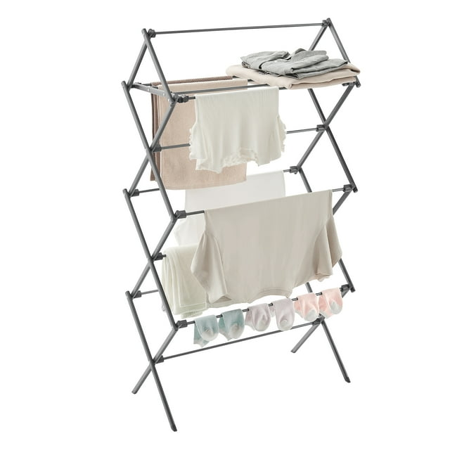 SONGMICS Foldable Clothes Drying Rack, Laundry Drying Rack, Clothes Airer, Steel Frame, 14.6 x 29.5 x 53.2 Inches, Easy Assembly, Indoor Outdoor Use, Gray