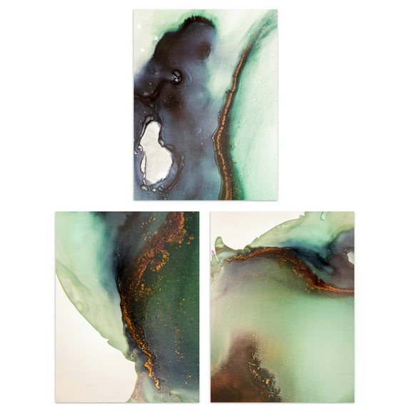 Calming Abstract Green Copper Gold Set Of 3 Unframed Wall Art Prints Bedroom Bathroom Aesthetic Stone Agate Marble 12X16 Inch