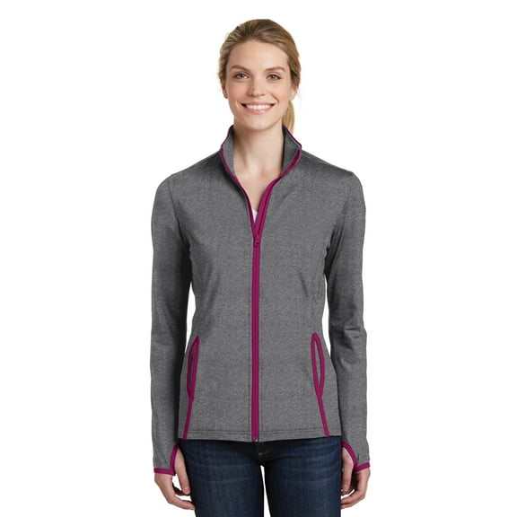 Sport-Tek LST853 Ladies Sport-Wick Stretch Contrast Full-Zip Jacket, Charcoal Grey Heather/ True Navy, 4XL, Womens Activewear