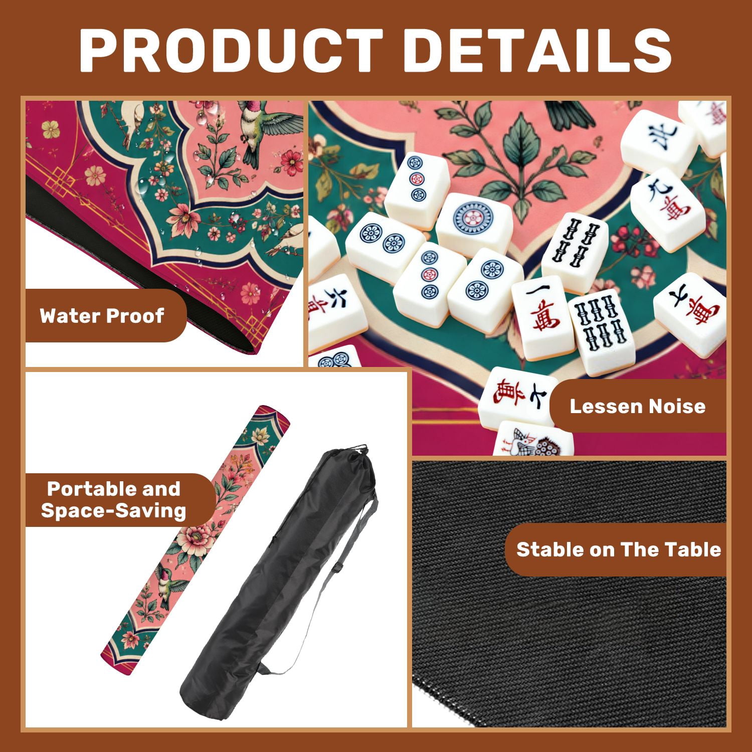 Mahjong Mat 31.5" x 31.5" Floral Bird Pink Green Non-Slip Noise Reduction Mahjong Tiles Table Cover for Dominoes Poker Card Board and Tile Games