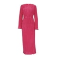 thumbnail image 5 of UTSJKR Women's Maxi Cocktail Party Dress Long Sleeve Sundress 2024 Fashion Elegant Solid Crew Neck Dress Tie Waist Pleated Slim Fit Bodycon Dress Pink M, 5 of 7