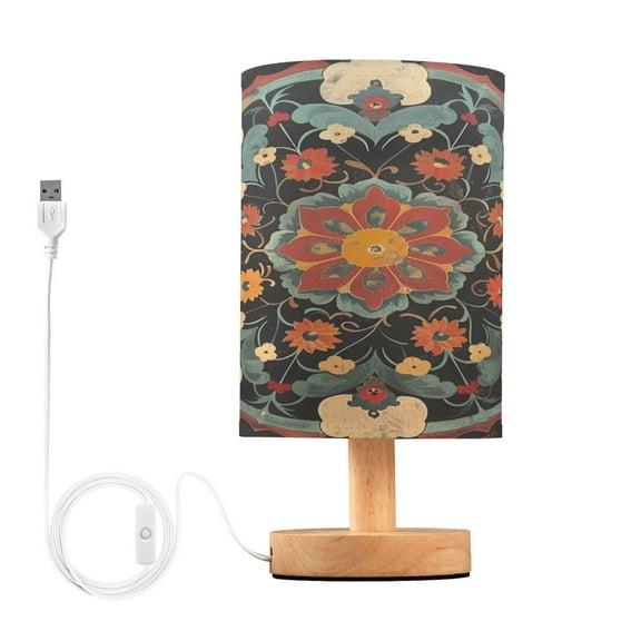 Bohemian Medallion Floral Bedside Table Lamp Desk Warm Lights with USB Charging Port Cylinder LED Lamps for Bedroom Living Room Office