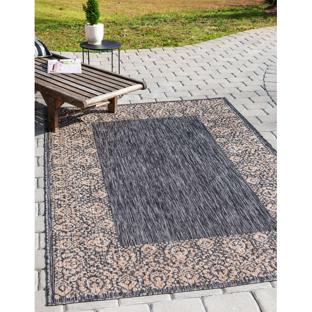 Unique Loom Outdoor Collection Transitional Indoor & Outdoor Traditional Floral Border Area Rug, 7 x 10 Feet, Charcoal Gray/Beige