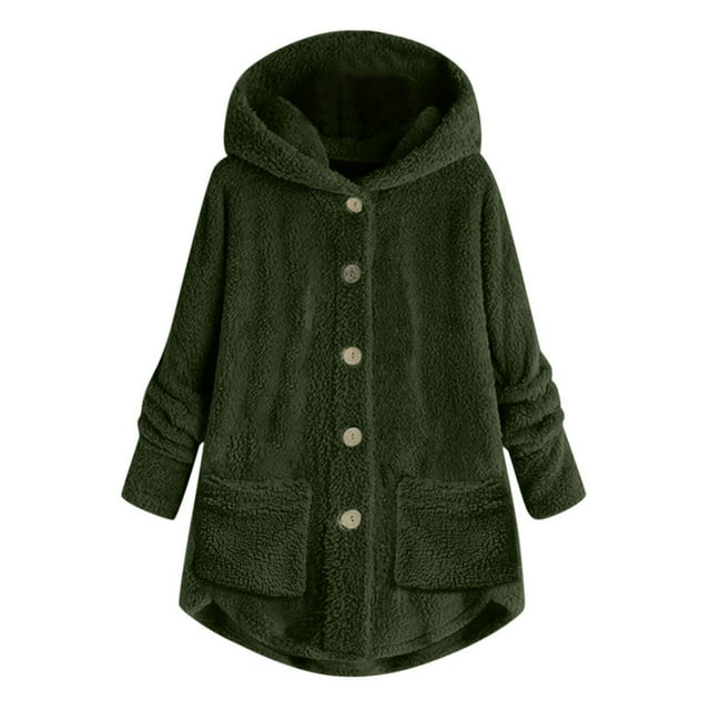 WEIYLL Womens Fleece Jacket Plus Size Button Plush Hooded Loose Cardigan Wool Army Green Cold Weather Tops Size L