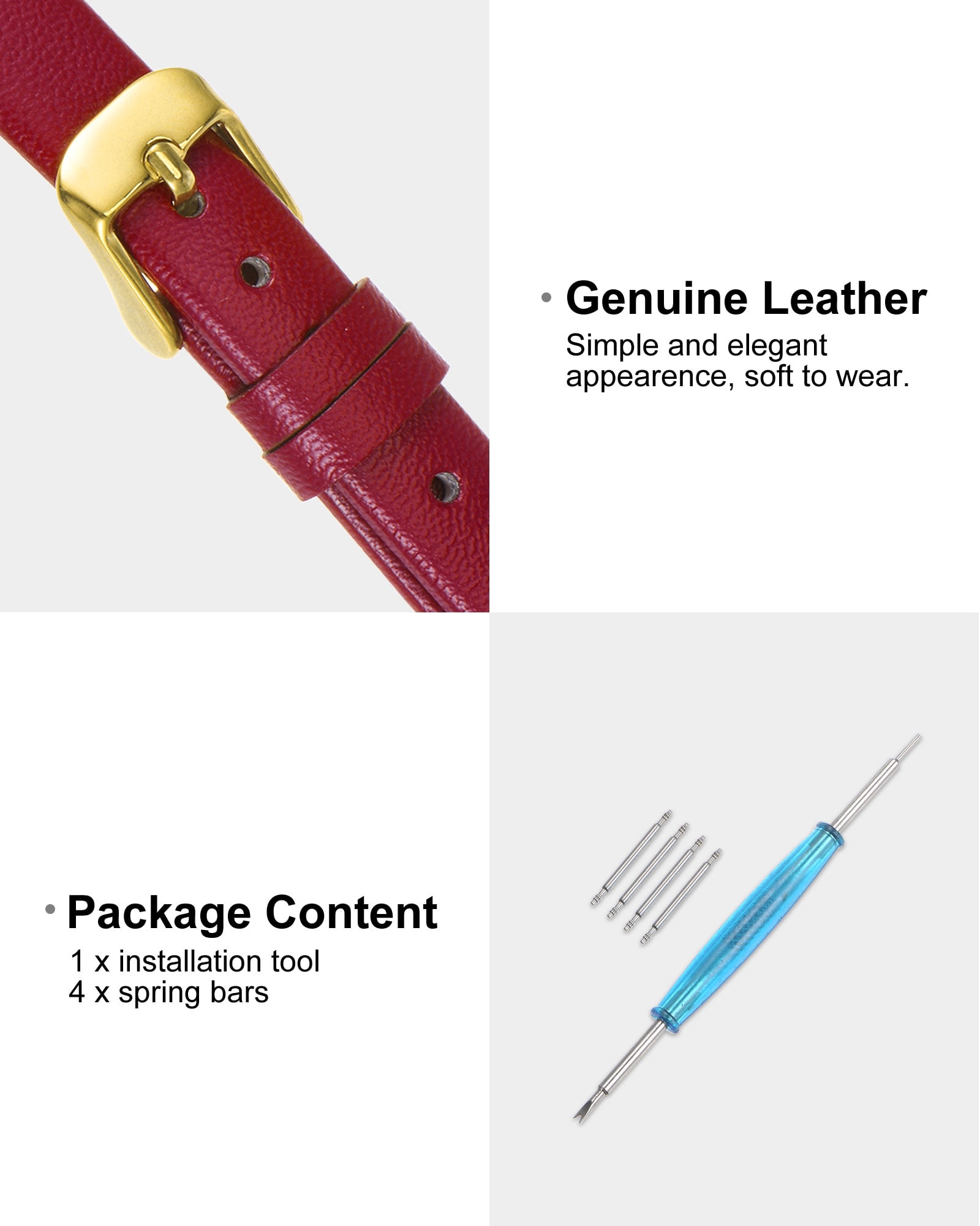 Unique Bargains Multi-sizes Genuine Leather Band Flat Thin Elegant Leather Watch Strap  12mm Red Band with Gold Buckle