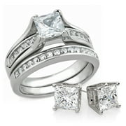 Women's 1 Carat Princess Cut Stainless Steel Wedding Rings Set & Matching Sterling Silver Stud Earrings