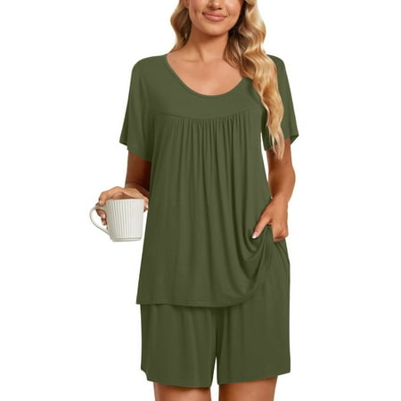 

JNGSA 2PC Women s Round Neck Shorts Sleeve Tunic + Shorts Two-piece Comfortable Home Pajamas Set Sports Set Army Green 12