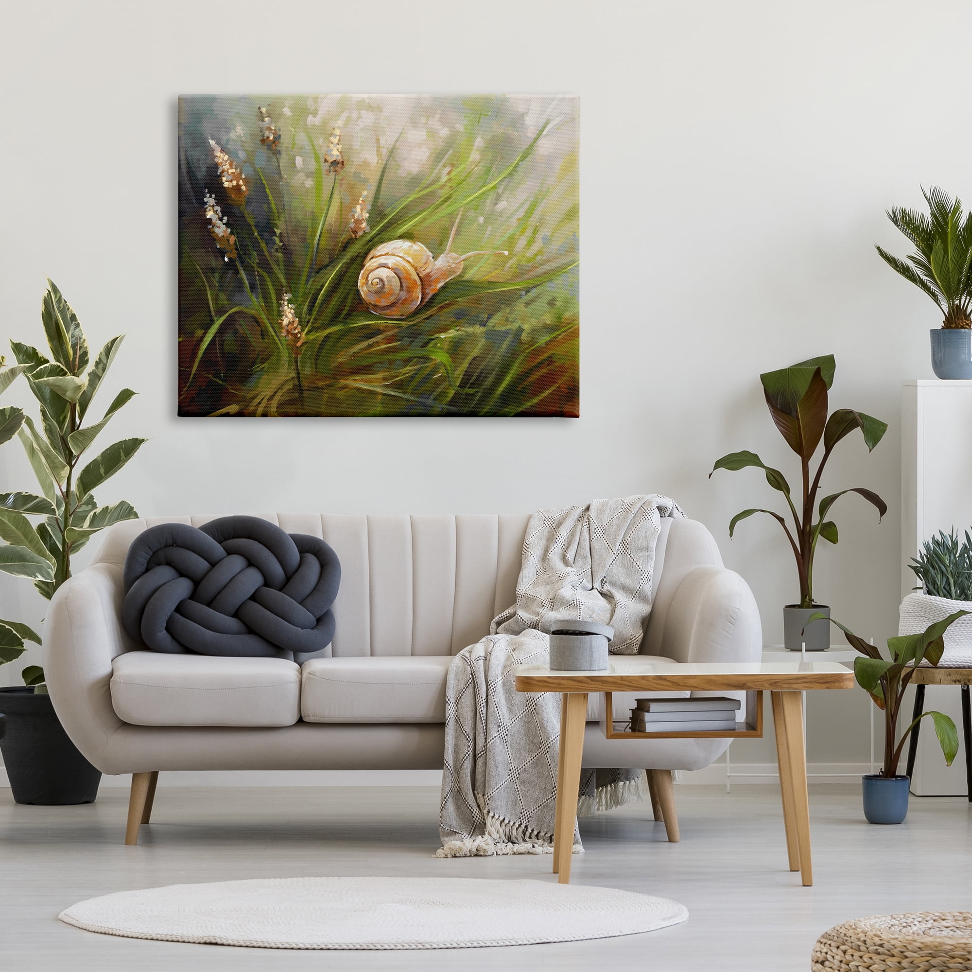 Stupell Industries Snail on Greenery Painting Animals & Insects Painting Gallery Wrapped Canvas Art Print Wall Art, 48 x 36