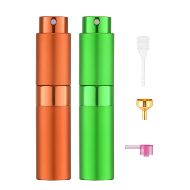Tekson Atomizador de perfume de viaje de 8 ml, mini botella de spray de colonia recargable, pulverizador portátil pequeño vacío para después del afeitado para dispensador de líquido (verde y naranja)