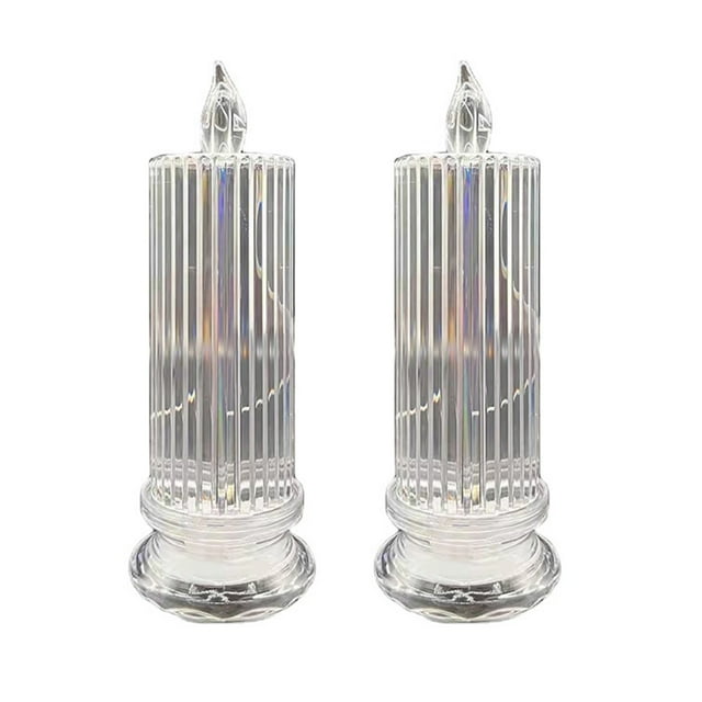 2pcs LED Candles Electric Window Candles LED Candle Lights Candle Lamps featuring a transparent plastic design with a ribbed texture and smooth polished surface. These flameless candles are suitable for home décor, offering a chic and safe alternative to traditional candles. The set includes two candles with a crystal-like appearance, ideal for desks, tables, or other decorative spaces.