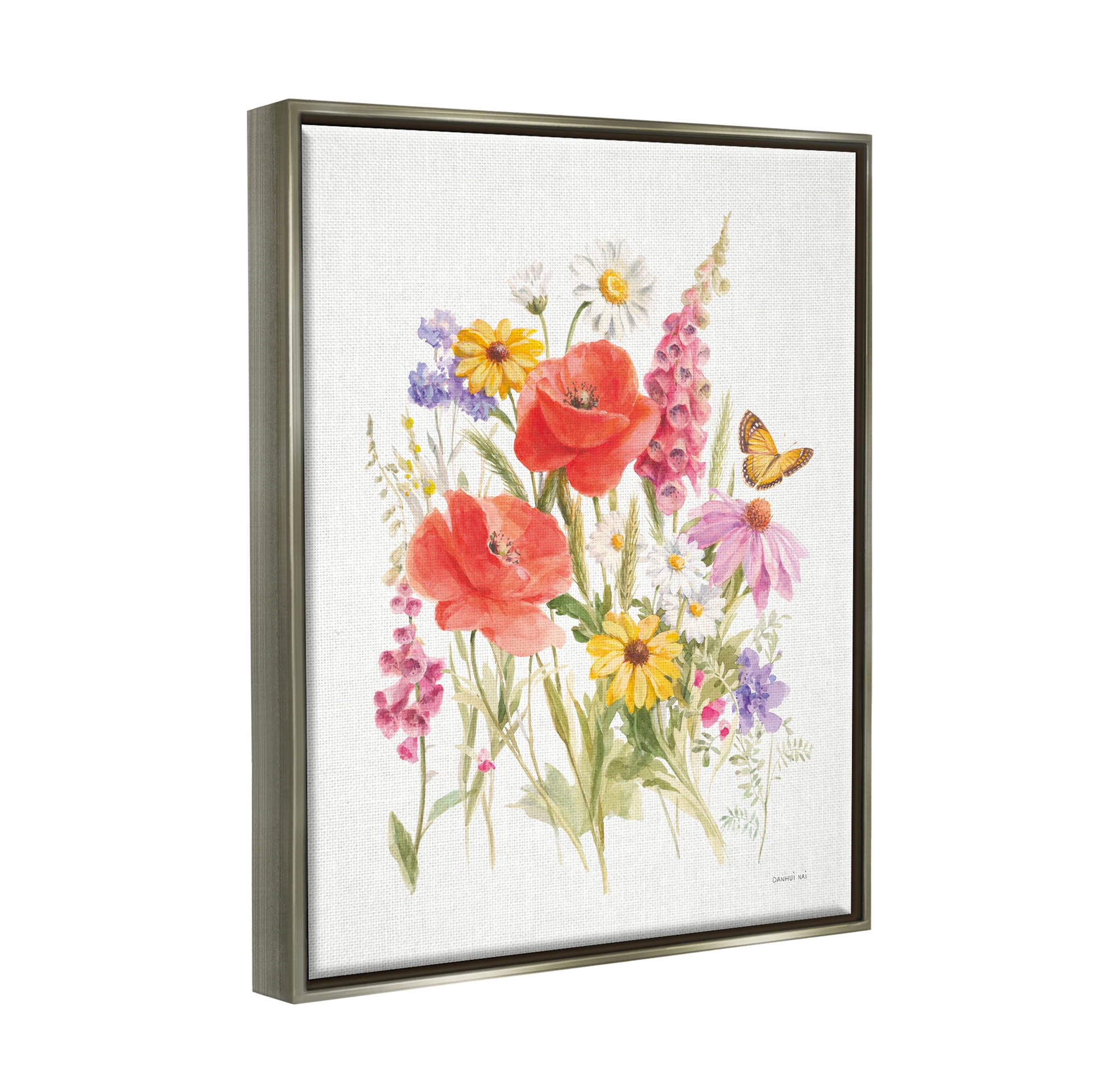 Stupell Industries Mixed Flower Arrangement Butterfly Graphic Art Luster Gray Floating Framed Canvas Print Wall Art, Design by Danhui Nai