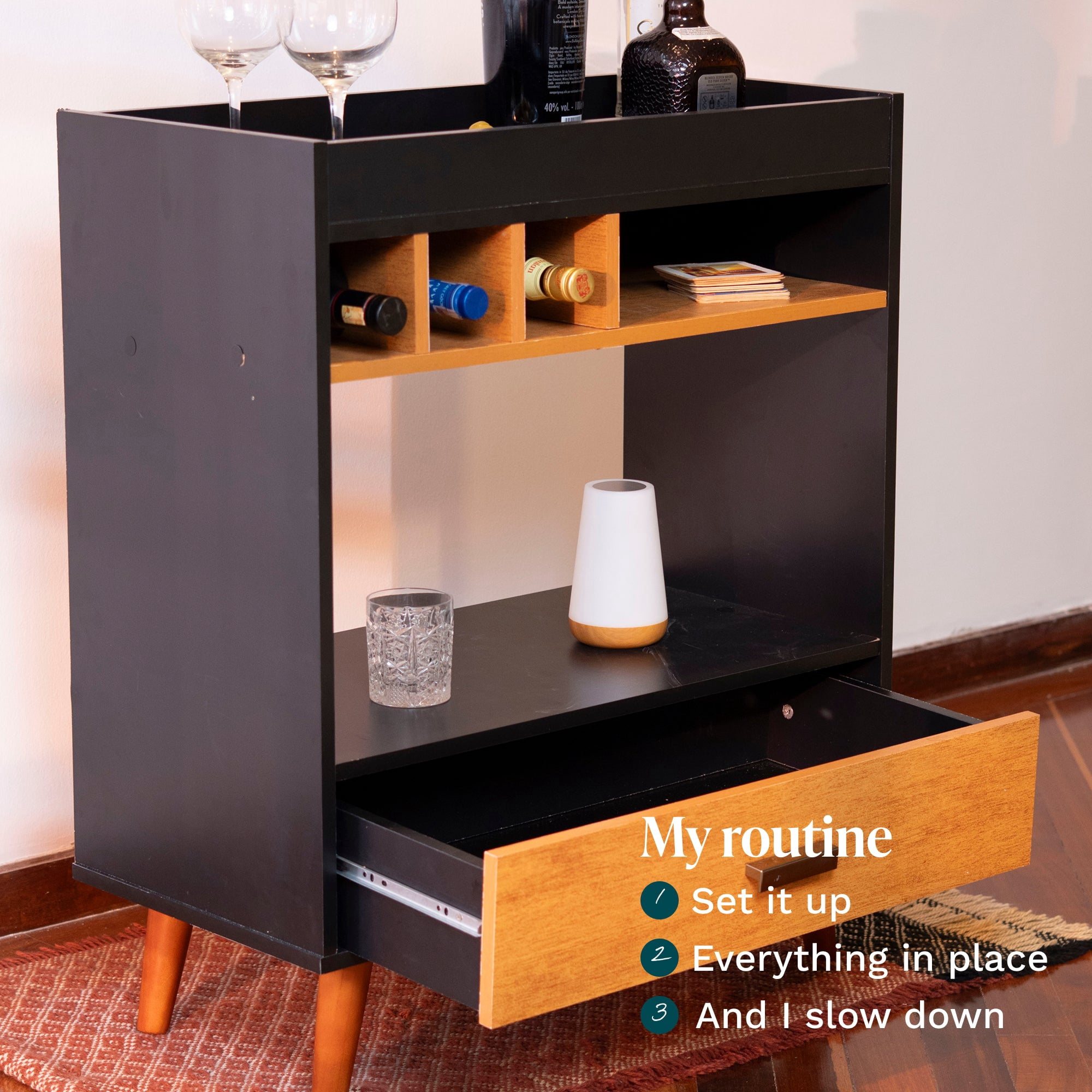 Ember Interiors Modern Bar Cabinet with Wine Rack, Drawer, Open Shelf Storage, Wooden Legs, Warm-Toned Finish,  Black Brown