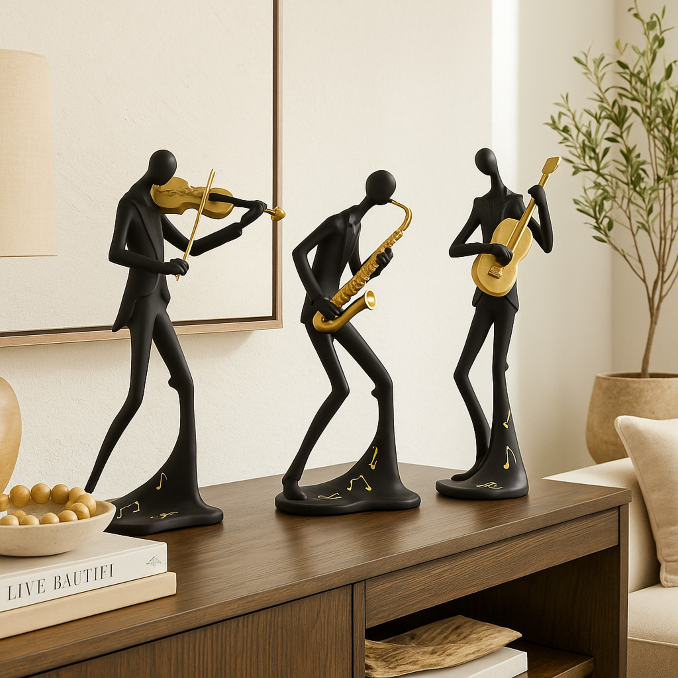 15", 13", 15"H Black Polystone Abstract Musician Sculpture with Gold Instruments and Music Notes, by DecMode (3 Count)