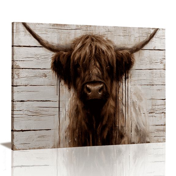 Topbout Art Rustic Highland Cow Canvas Wall Art, Shabby White Wood Farmhouse Animalfor Living Room, Ready to Hang 12*8 inch