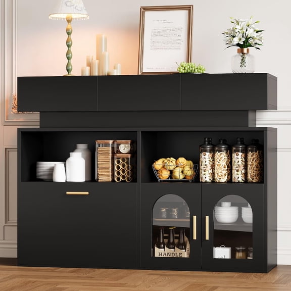 Coffee Bar Cabinet,Kitchen Storage Cabinet with 3 Drawers,Sideboard Buffet Cabinets with Ajustable Shelf,Wood Coffee Bar Table for Dinning Room/Living Room/Kitchen 55.04"L*15.61"W*41.93"H Black
