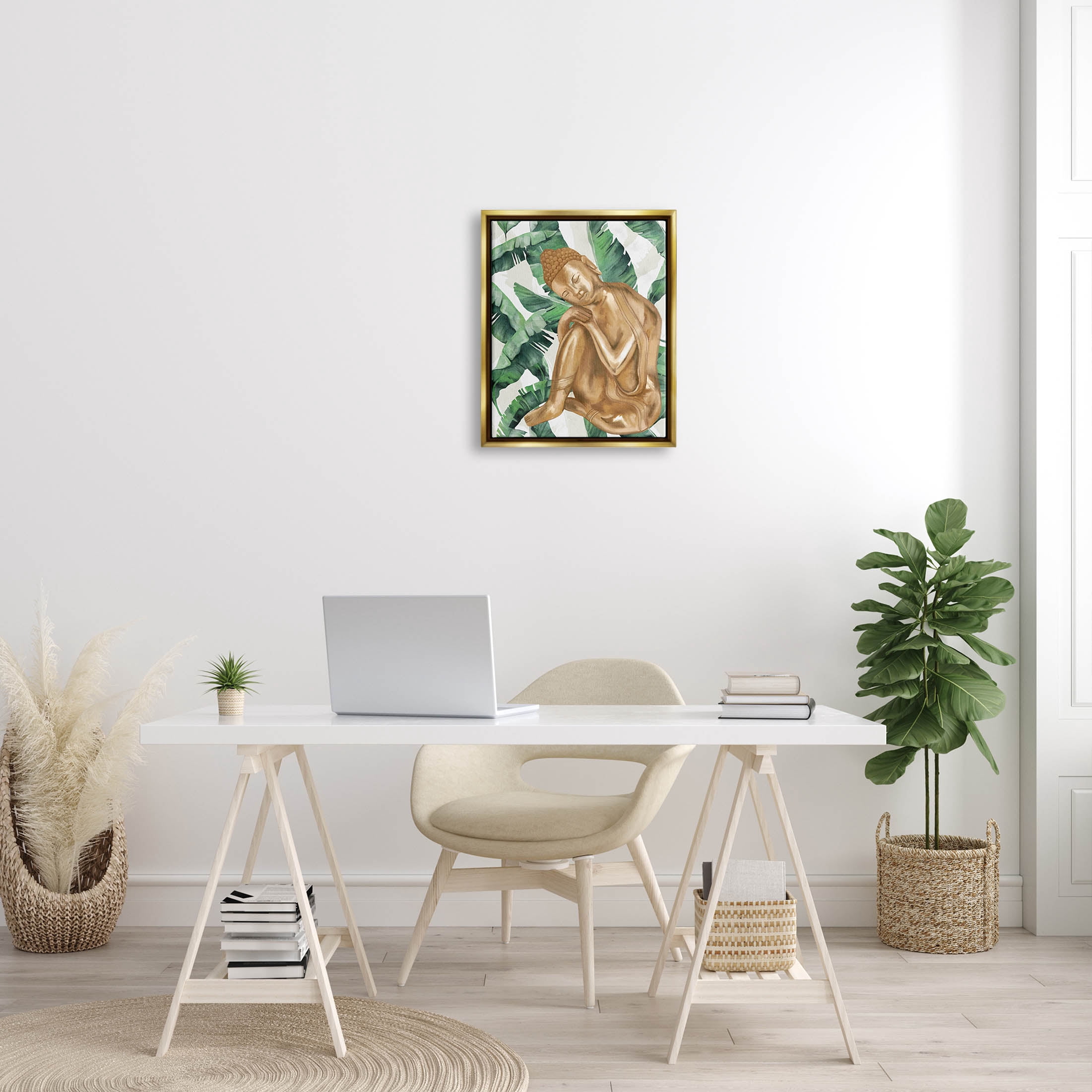 Stupell Industries Tropical Leaves Pattern Buddha Graphic Art Metallic Gold Floating Framed Canvas Print Wall Art, Design by Lil' Rue