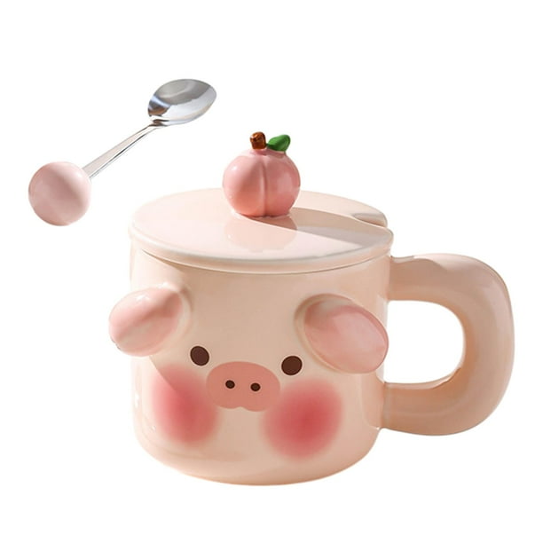 Taza de café de cerámica, taza de café, novedad creativa con cuchara, taza de leche para el hogar. Cerdo rosa