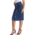 thumbnail image 4 of Falda de mezclilla midi para mujer Inspire Chic, con botones, de cintura alta, con dobladillo deshilachado, color azul oscuro, talla L, 4 of 5