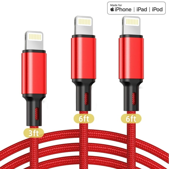 Cshidworld Lightning Cable, 3Pack [Apple MFi Certified] Nylon Fast Charging (3/6/6ft)，Compatible with iPhone 14/13/12/11 Pro Max/Pro 13/12 Mini MAX XS Xr X 6 AirPods iPad，Red